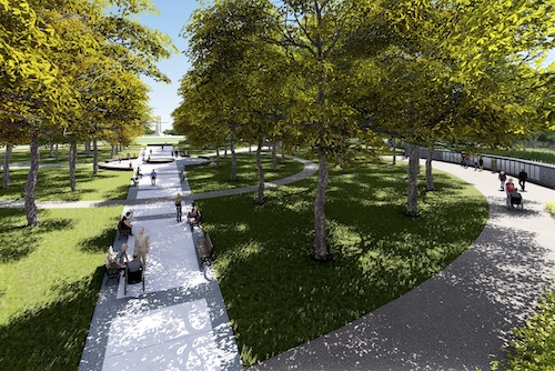 Artist’s concept 2040: mature Vimy Oaks and the view corridor to the
memorial.